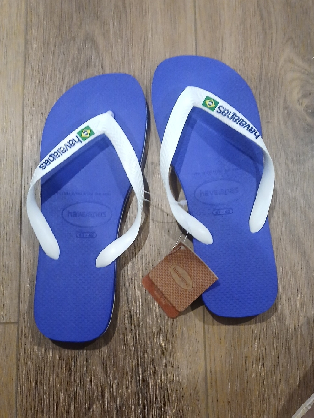 Havaianas Blue Flip Flops with White Straps and Brazilian Flag Detail